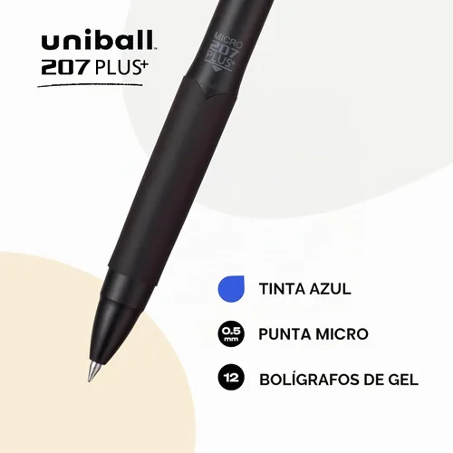 Vista 2 de Uni-Ball 207 Plus+ Bolígrafos de gel retráctiles, micro punta (0.5mm), azul, paquete de 12 unidades Retráctil, de secado rápido, escritura suave