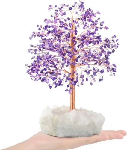 Vista 7 de Árbol de la vida con piedras preciosas de amatista natural, base de cuarzo transparente, bonsái de dinero de chakras, Feng Shui, cristales curativos