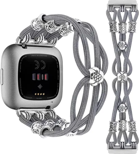 Vista 7 de TOYOUTHS Beaded Bracelet Band Compatible with Fitbit Versa 2/Fitbit Versa Bands Women, Boho Soft Elastic Stretchy Nylon Braided Strap Fancy Charms