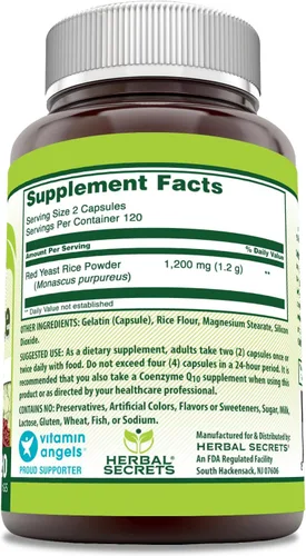 Vista 2 de Herbal Secrets Arroz de levadura roja, 1200 mg por porción, suplemento de 240 cápsulas vegetarianas, sin OMG, sin gluten, fabricado en Estados Unidos