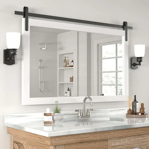 Vista 12 de Espejo Negro de Granja para Pared, Espejos Cuadrados de Baño con Marco de Madera de 18x26 Pulgadas para Tocador, Espejos Estilo Puerta de Granero