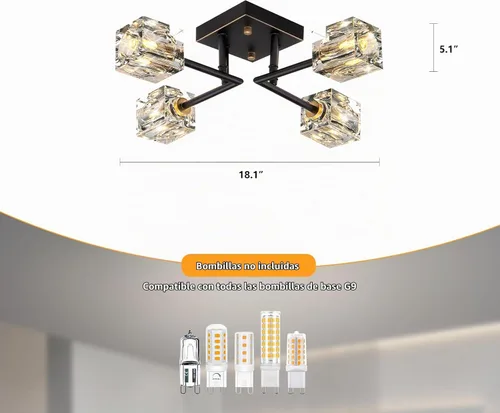 Vista 8 de Lámpara de techo moderna de cristal, lámpara de techo semiempotrada con 4 luces, candelabros Sputnik negros y dorados para dormitorio, comedor