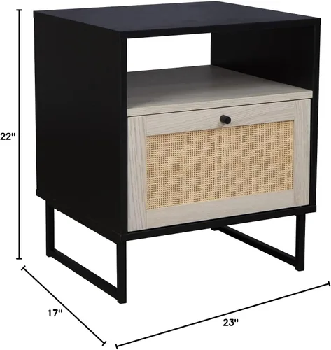 Vista 11 de Nathan James Mina Mesa auxiliar lateral de acento de madera de ratán con almacenamiento para sala de estar o dormitorio, 1, roble negro/negro