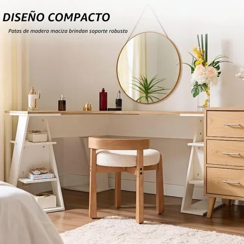 Vista 4 de HEAH-YO - Silla de tocador de madera con respaldo, pequeño taburete con reposapiés tapizado en lino, silla de maquillaje de estilo moderno
