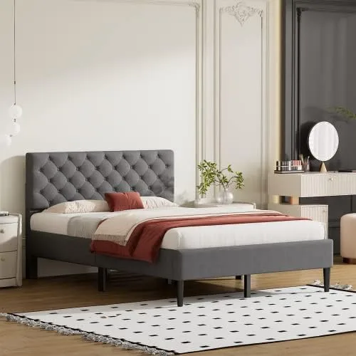 Vista 11 de Marco de cama de plataforma de tamaño individual, marco de cama tapizado de lino de diseño moderno con cabecera copetuda, cama de almacenamiento