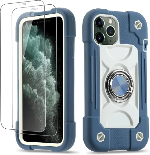 Vista 62 de Funda para iPhone 11 de 6.1 pulgadas con soporte de anillo, con 2 protectores de pantalla de vidrio, resistente a los golpes, resistente a