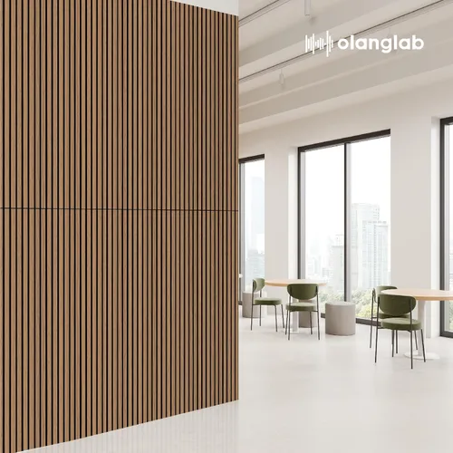 Vista 6 de Olanglab Paquete de 4 paneles de pared de madera acústica, paneles de pared de listones de madera con amortiguación de sonido, 23.6 x 47.2 pulgadas