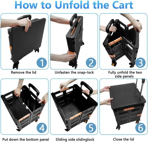 Vista 5 de Carrito plegable portátil con ruedas para compras, 4 ruedas giratorias con mango telescópico de plástico duradero y resistente, para viajes