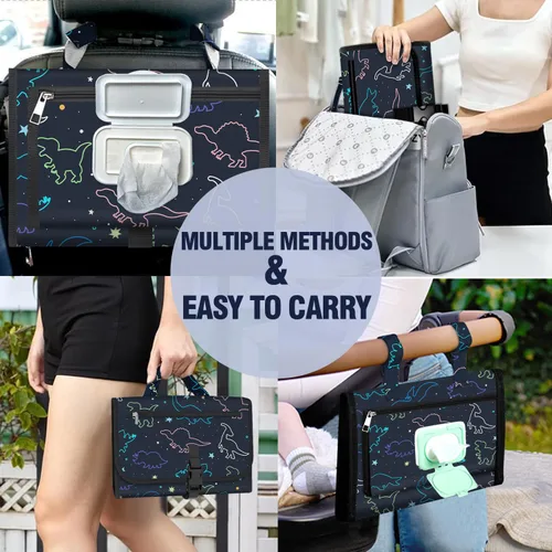 Vista 4 de Cambiador portátil rosa, impermeable, plegable, para bebé, con patrón de dinosaurio, cambiador de pañales, bolsa de viaje, cambiador de pañales