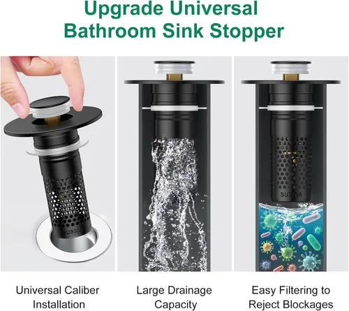 Vista 3 de Colador de drenaje para lavabo de baño, tapón universal para fregadero Negro