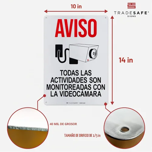 Vista 3 de TRADESAFE Señal de videovigilancia - Monitoreadas con la Videocámara Señal de Seguridad de Aluminio Español, Instalación Rápida, Reflectante de Luz