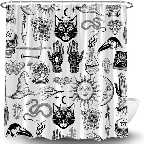 Vista 7 de Cortina de ducha de bruja de Halloween, color negro, espeluznante, alquimia gótica, psíquica, espeluznante, calavera, esqueleto, tablero de Ouija