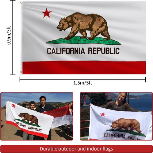Vista 2 de Bandera de California 3x5 pies para exterior, de doble cara, resistente, tela de poliéster 210D, con oso y estrella bordados y 4 hileras de costura