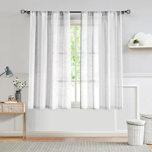Vista 22 de Central Park Cortinas Transparentes de Rayas Beige y Blancas Estilo Granja de Lino Bouclé, Pares de Paneles de Cortina de Ventana Tejidos con Hilo