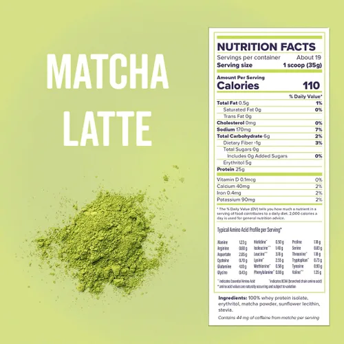 Vista 5 de Proteína en polvo de aislado de suero 100% (Matcha Latte), 5.9g de BCAA, sin gluten, sin azúcar, de rápida absorción y fácil digestión