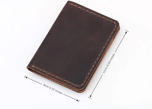 Vista 2 de Cartera de cuero plegable hecha a mano - cartera de cuero minimalista de la tarjeta de crédito