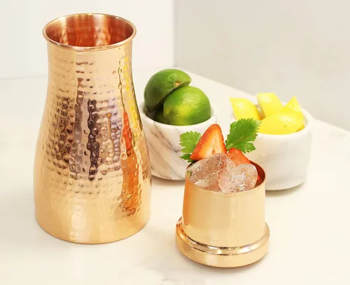 Vista 3 de Jarra y vaso hecho a mano de cobre 100% puro – Jarra de cobre martillado con tapa – Ayurveda – 1.0 litros/34oz