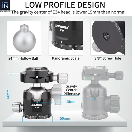 Vista 3 de Cabeza de bola de trípode de perfil bajo, cabeza de bola INNOREL panorámica de metal CNC de 360 ° con placa de liberación rápida universal Arca