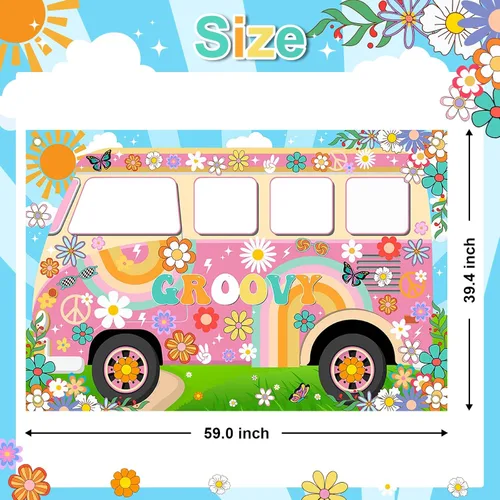 Vista 2 de Decoraciones de fiesta hippie Groovy Bus Banner de los años 60, telón de fondo de margarita, recortado de la cara de los años 60, accesorios