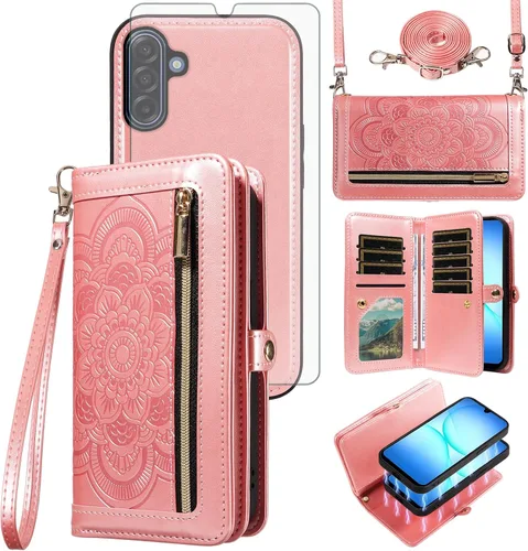 Vista 11 de Asuwish Funda de teléfono para Samsung Galaxy A17 5G con cremallera, funda de celular desmontable con protector de pantalla de vidrio templado Verde