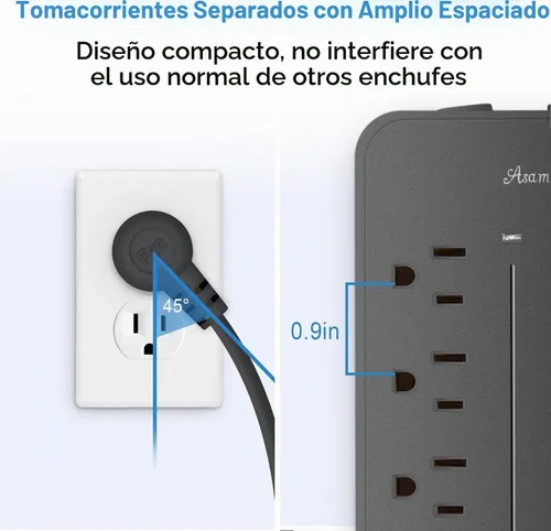 Vista 4 de Regleta de alimentación con protector de sobretensiones de 10 pies, Asamoom, tira de alimentación de enchufe plano con cable largo ETL listado, 8