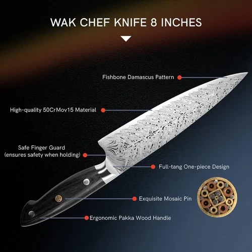 Vista 5 de WAK Cuchillo de chef de 8 pulgadas, patrón de damasco de espiga, cuchillo de cocina de hoja de acero inoxidable súper afilado, cuchillo de chef