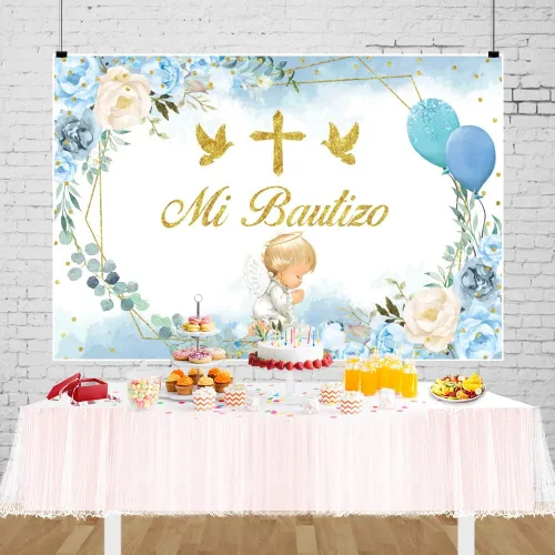 Vista 5 de Telón de fondo de bautismo, 7 x 5 pies, diseño de hojas de eucalipto florales azules y rosas, fondo de fotografía con tema de ángel, decoración