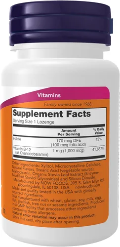 Vista 2 de Suplementos NOW Vitamina B-12 1,000 mcg con ácido fólico, salud del sistema nervioso*, 100 pastillas masticables