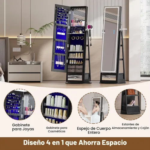 Vista 5 de HWB Armario de almacenamiento de joyas con espejo LED de cuerpo entero, organizadores de joyas giratorios de 360° de pie con estantes y Negro