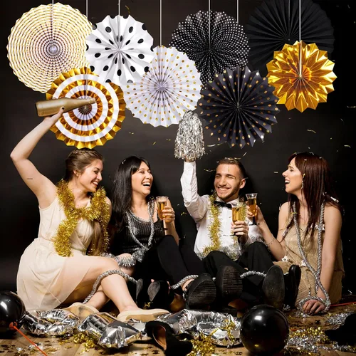 Vista 7 de SUNBEAUTY Abanicos de papel dorados y negros para fondo de fiesta de té, boda, primavera, cumpleaños, aula, baby shower, Halloween, decoración
