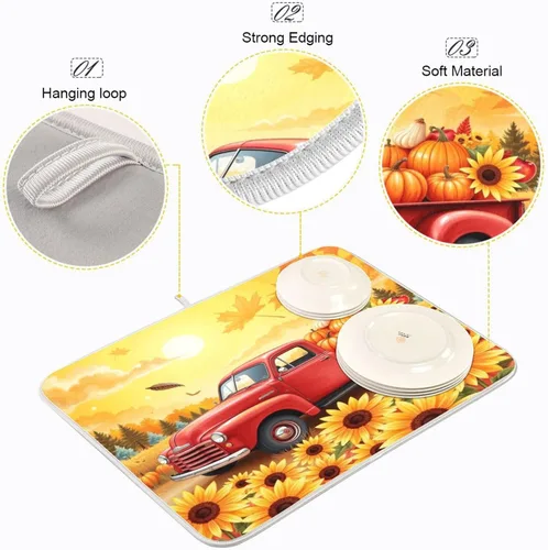 Vista 4 de Tapete de secado de platos de camión de otoño de 16 x 18 pulgadas, hojas de otoño, calabaza, girasol, almohadilla de secado de platos, protector