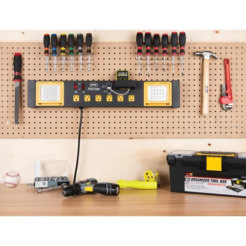 Vista 8 de Estación de potencia de grado comercial Performance Tool W2279 con 6 tomas de corriente, 2 puertos USB, soporte incorporado y luces LED, ideal