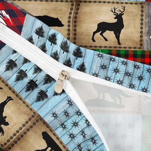 Vista 6 de Juego de funda de edredón para niños de ciervo, oso, lobo, tamaño individual, juego de ropa de cama de cabaña de aventura para niños, niñas