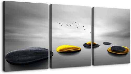 Vista 8 de Wewejia 3 piezas de lienzo gris para pared, calma/relajación, piedras zen doradas, cielo, pájaros, lago, niebla, luna llena, póster, arte de pared