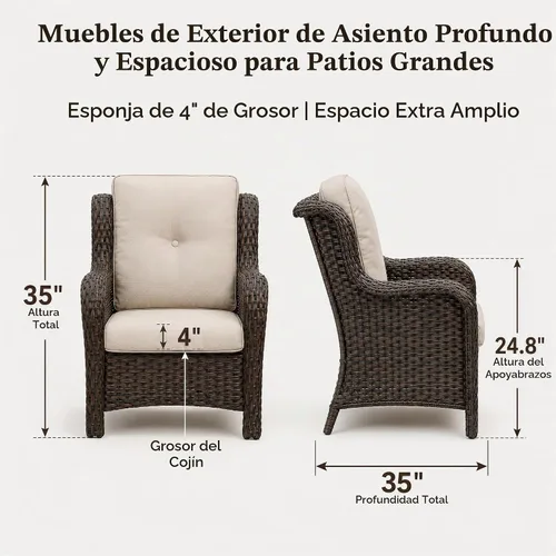 Vista 2 de HUMMUH Juego de 2 sillas de mimbre para patio, sillas de comedor de ratán de polietileno para exteriores, con cojines de asiento de 4 pulgadas