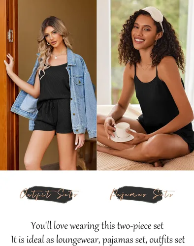 Vista 5 de Ekouaer Pijamas para mujer, de punto gofre, conjuntos de ropa de descanso, camisola y pantalones cortos, tallas S-XXL