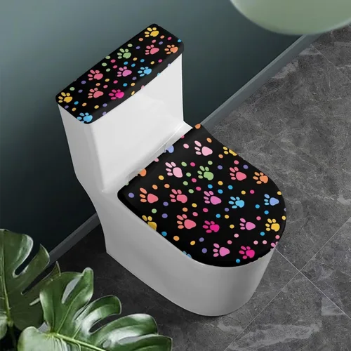 Vista 2 de Flashideas Juego de cubierta para tanque y tapa de inodoro con estampados de patas de perro coloridas - Elástico, se adapta a la mayoría de tanques