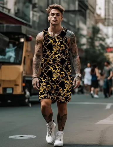 Vista 3 de JoZorro Conjunto de camiseta sin mangas con estampado floral para hombre, camiseta deportiva casual con estampado de lujo, ropa deportiva hawaiana