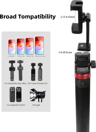 Vista 3 de Trípode de palo selfie expandible de 81" para Insta360 Luna Ultra y Osmo Pocket 3 Soporte para teléfono de 4.7-7", trípode de 81", para Insta360