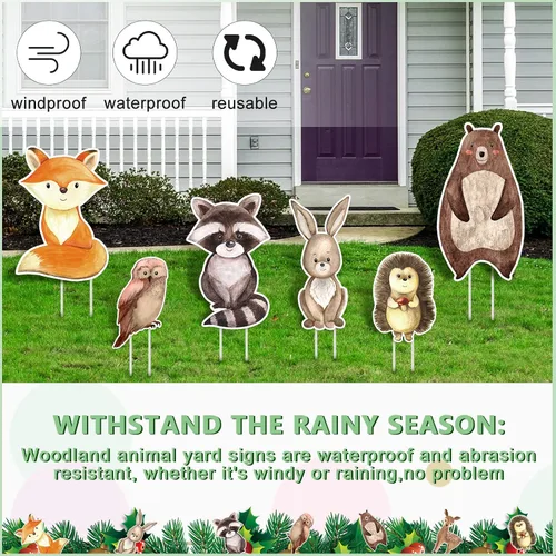 Vista 4 de Fumete 8 carteles de jardín de animales del bosque, para baby shower, género neutro, decoración de bienvenida de bebé con estacas, letreros