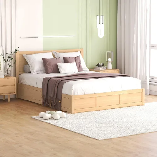 Vista 8 de Cama de plataforma de almacenamiento de tamaño matrimonial, con cajones de cabecera y soporte de listones de madera, base de cama de plataforma