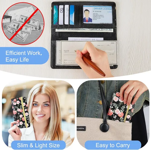 Vista 6 de Funda para chequera personal, cartera RFID con soporte para bolígrafo y divisor de plástico transparente integrado para cheques duplicados, Flor