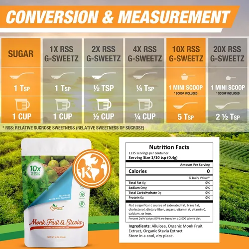 Vista 2 de Edulcorante multiusos de fruta de monje, stevia y alulosa, 10 veces dulzura de azúcar; porciones totales 1135; edulcorante sin calorías, sustituto