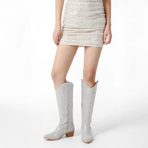 Vista 4 de olomisa Botas de diamantes de imitación para mujer, botas vaqueras altas hasta la rodilla, punta puntiaguda, tacón grueso, botas de vaquera