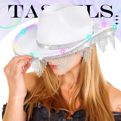 Vista 5 de Sombrero de vaquera con diamantes de imitación, sombrero de vaquero con flecos, sombrero occidental con purpurina para hombres y mujeres, disfraz