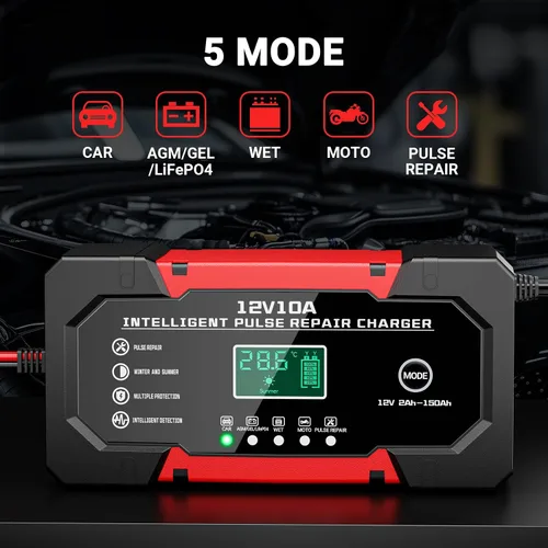 Vista 6 de Cargador de Batería 10A 12V Cargador de Batería de Coche Completamente Automático Inteligente con Pantalla LCD y Compensación de Temperatura