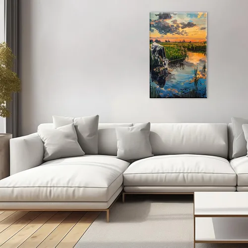 Vista 2 de Lienzo de animales para pared, póster de acuarela de vaca de las tierras altas, paisaje colorido de pastizales, pintura de agua potable, obra