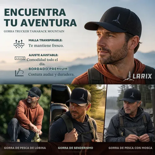 Vista 5 de Larix Hats for Men, Trucker Hat Men, Tamarack Mountain, Mesh Snapback Negro/ Gris