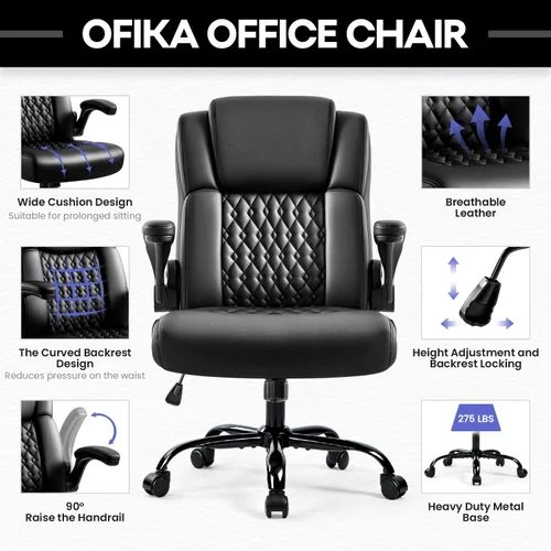Vista 4 de Silla de escritorio de cuero OFIKA, silla de oficina ergonómica con soporte lumbar, silla de computadora, silla ejecutiva de cuero con reposabrazos
