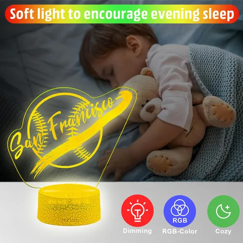 Vista 3 de Regalos de béisbol para niños, aplicación de teléfono, control remoto, luz nocturna, Franciscos City, decoración de habitación de niños, lámpara